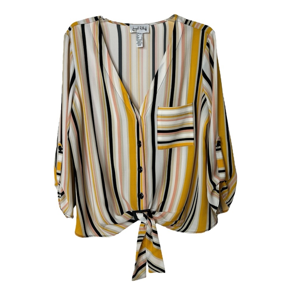 Joseph Ribkoff V-Neck Striped Button Up Blouse Sash Waist‎ 3/4 Sleeve Women's 14